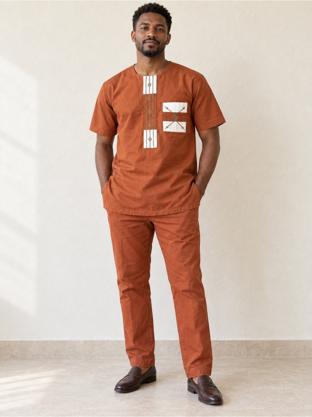 New Handmade Togo African Men’s 2-Piece Clay Orange Outfit XL Fits M 32x32